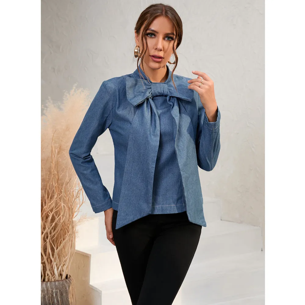 Bow Knot Long Sleeve Slim Solid Color Simple Denim Blouses Wholesale Women Top