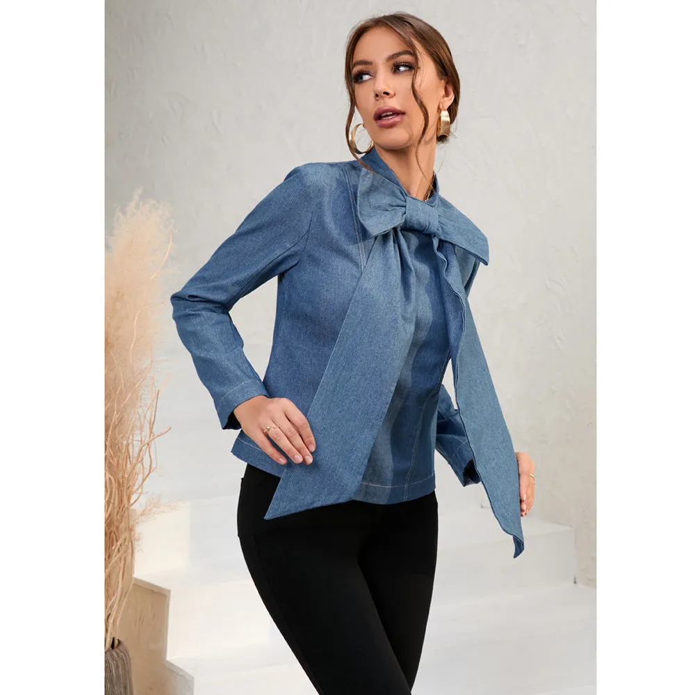 Bow Knot Long Sleeve Slim Solid Color Simple Denim Blouses Wholesale Women Top