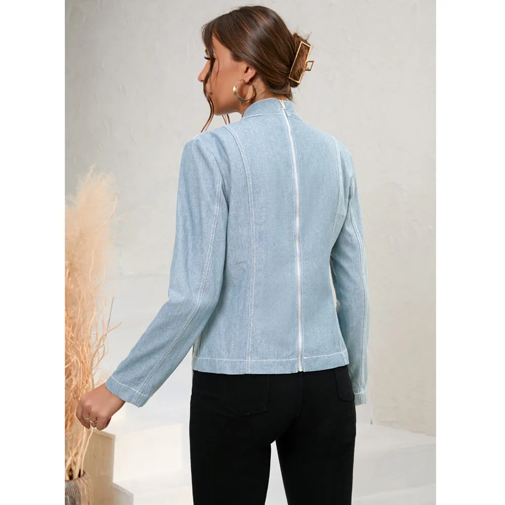 Bow Knot Long Sleeve Slim Solid Color Simple Denim Blouses Wholesale Women Top