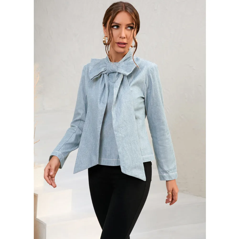 Bow Knot Long Sleeve Slim Solid Color Simple Denim Blouses Wholesale Women Top