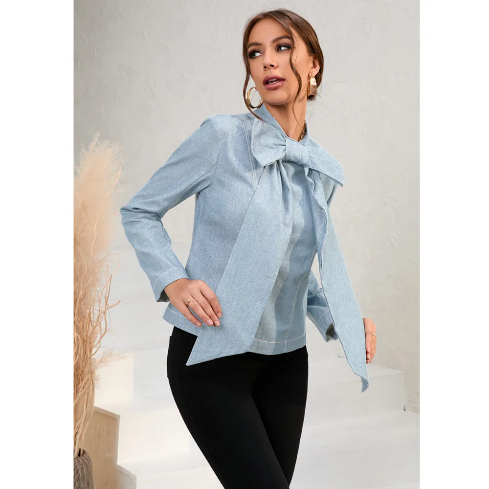 Bow Knot Long Sleeve Slim Solid Color Simple Denim Blouses Wholesale Women Top