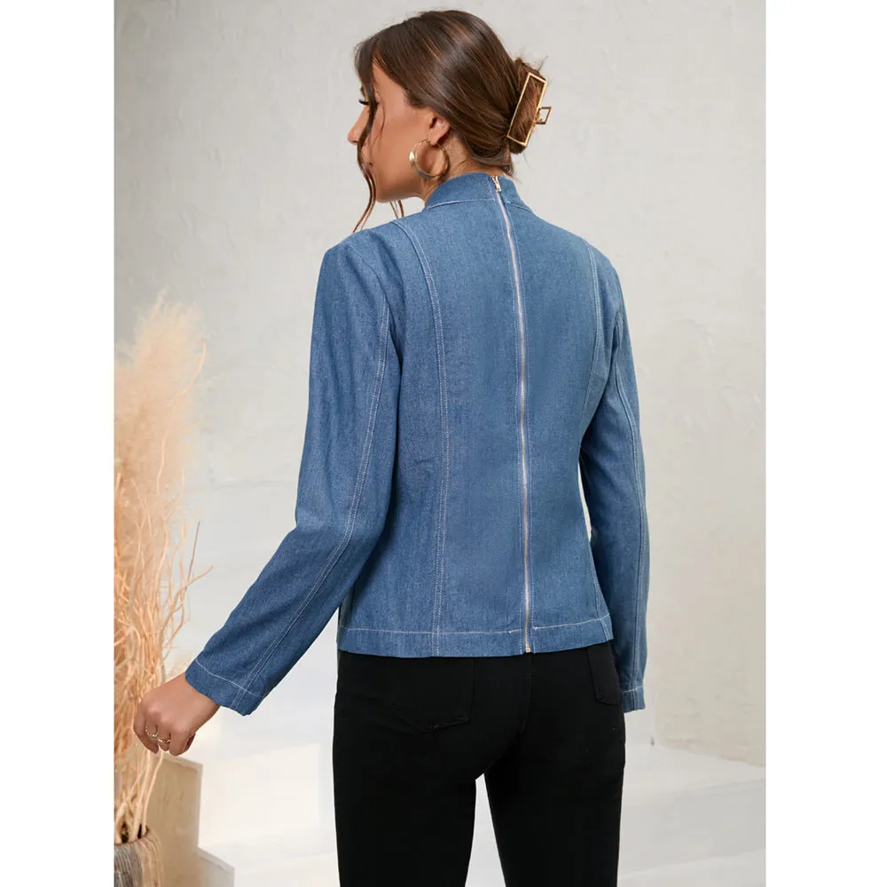 Bow Knot Long Sleeve Slim Solid Color Simple Denim Blouses Wholesale Women Top