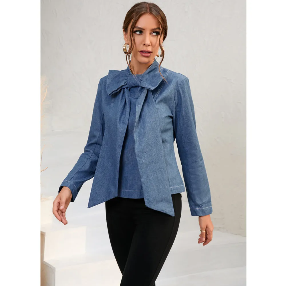 Bow Knot Long Sleeve Slim Solid Color Simple Denim Blouses Wholesale Women Top