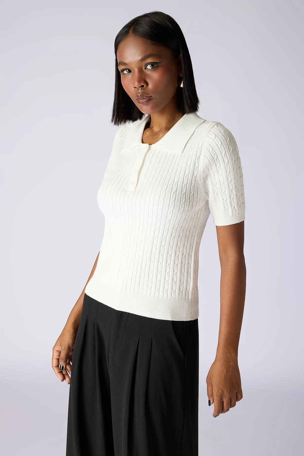 Cable-Knit Polo Top - White