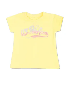 Girls Light Yellow Crew Neck Brand Print T-Shirt