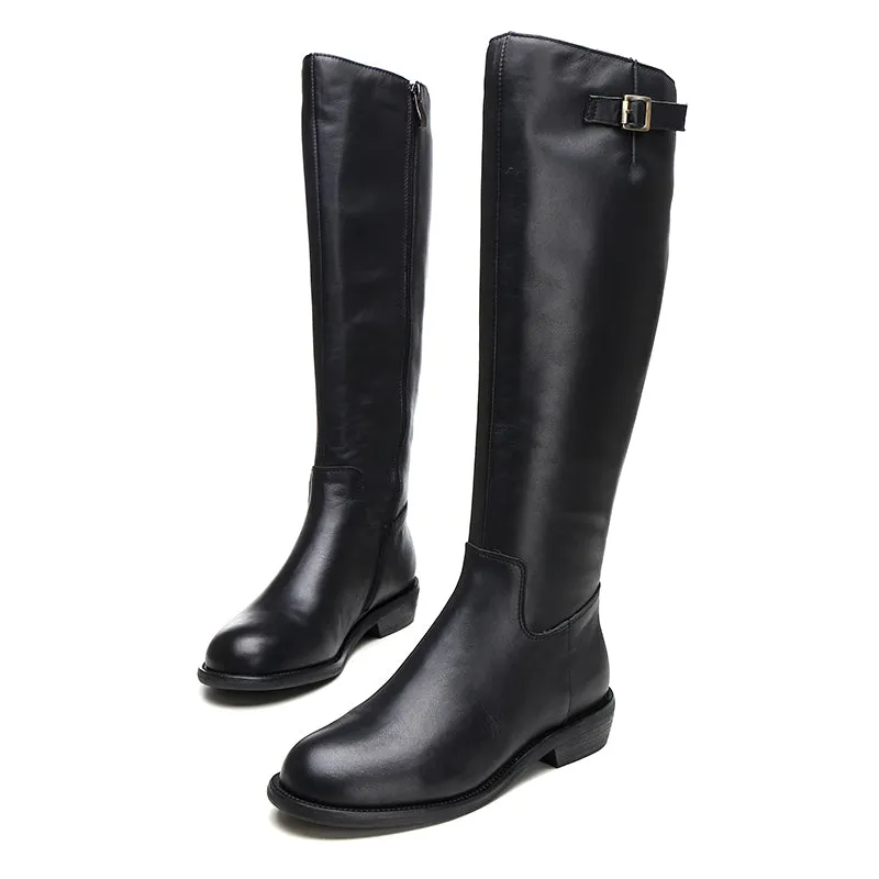 Handmade SoftLeather Knee High Boots Side Zip Riding Boots Short Plush Lining in Black/Brown