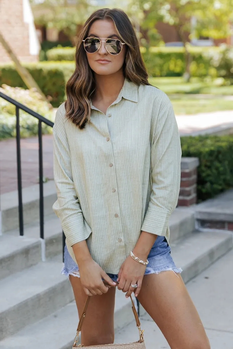 Olive Striped Button Down Linen Shirt - FINAL SALE