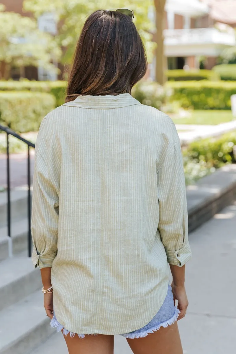 Olive Striped Button Down Linen Shirt - FINAL SALE