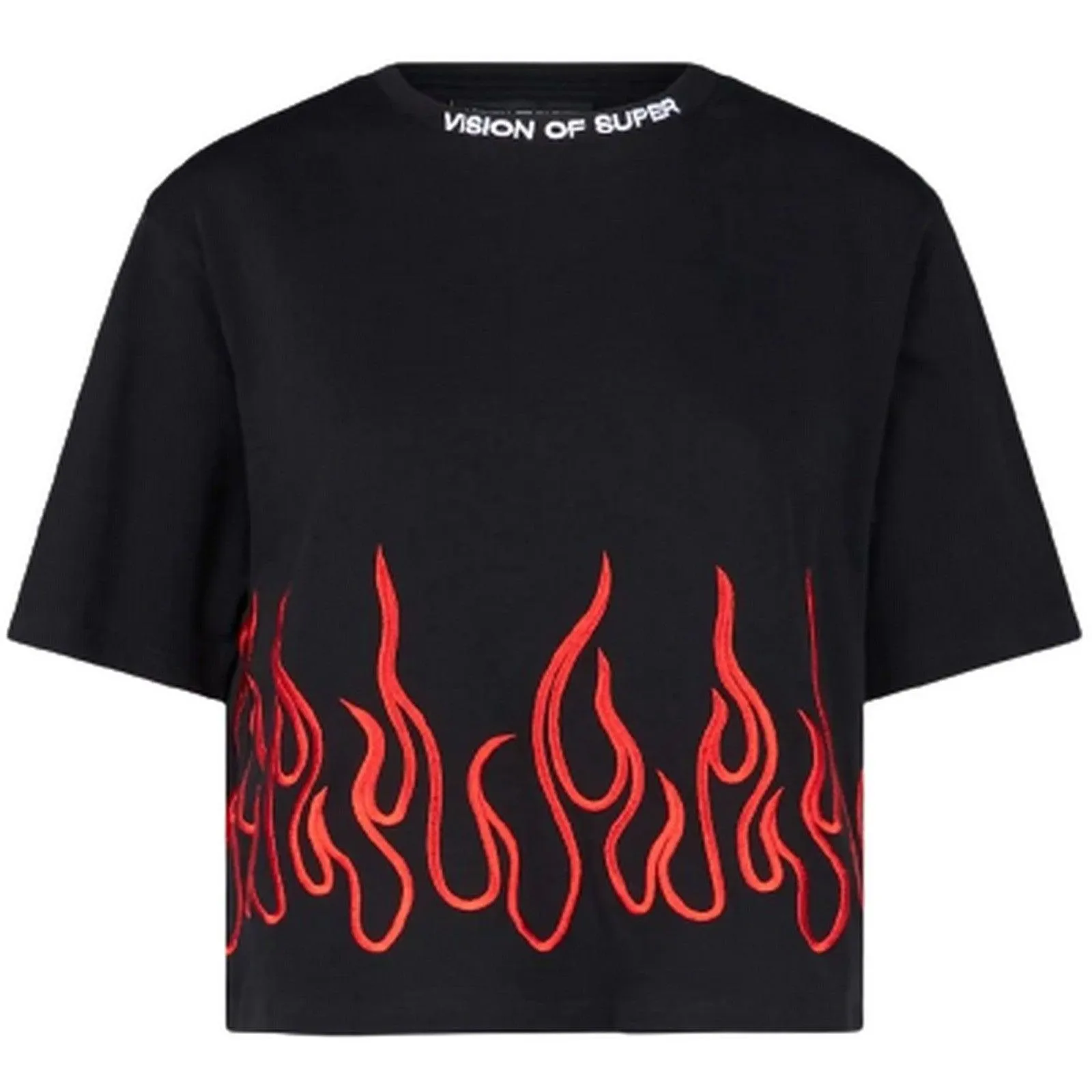 T-shirt Donna Vision of Super - Black T-Shirt With Red Embroidered Flames - Nero