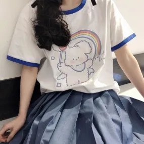 Tee With Rainbow And Bear Print And Colored Hem